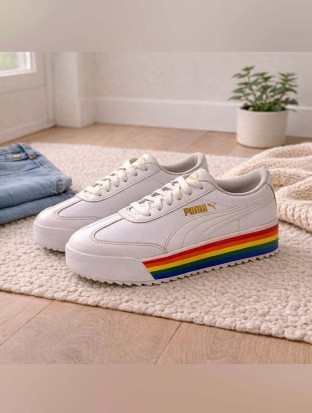 Puma Roma Amor Rainbow Platform Sneakers White Leather Women’s 5.5